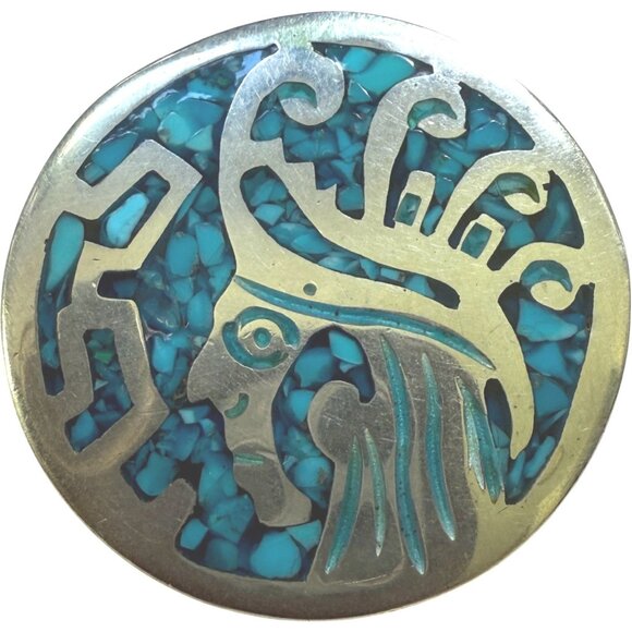 Vintage Mexican Sterling Silver & Turquoise Inlay Aztec Round Brooch Pendant - Picture 1 of 5